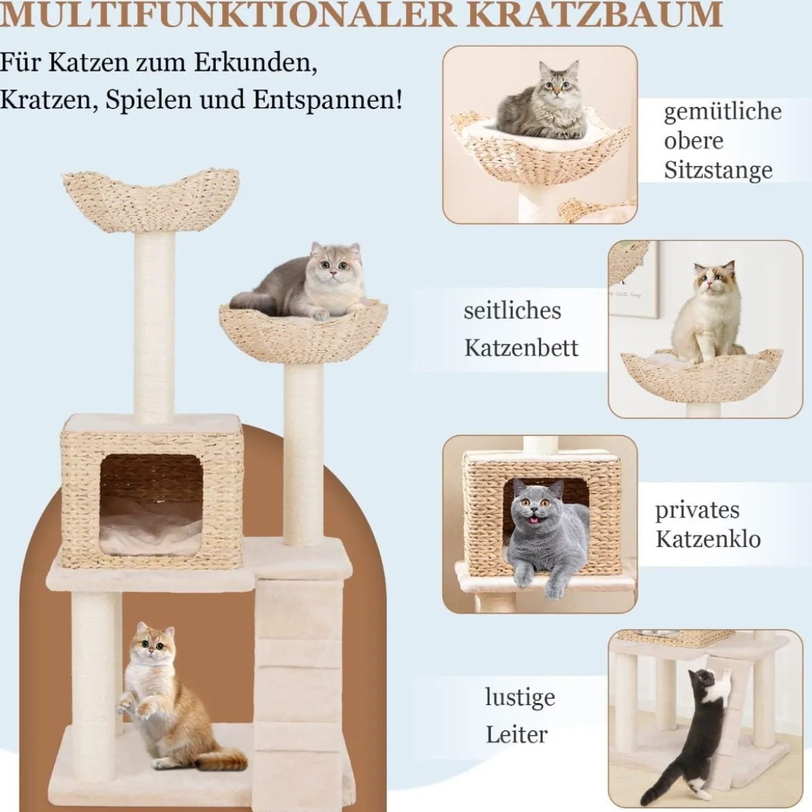 Kratzbaum aus Rohrkolben mit Sisalpfosten & Sitzfläche & Katzenhaus & Leiter Katzenturm