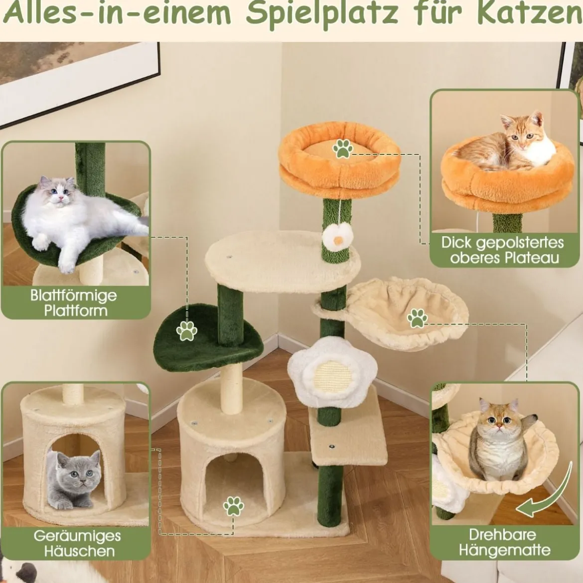 Kratzbaum 114 cm hoch Katzenbaum mit Katzenhöhle blumenförmiger Sitzfläche Grün+Beige