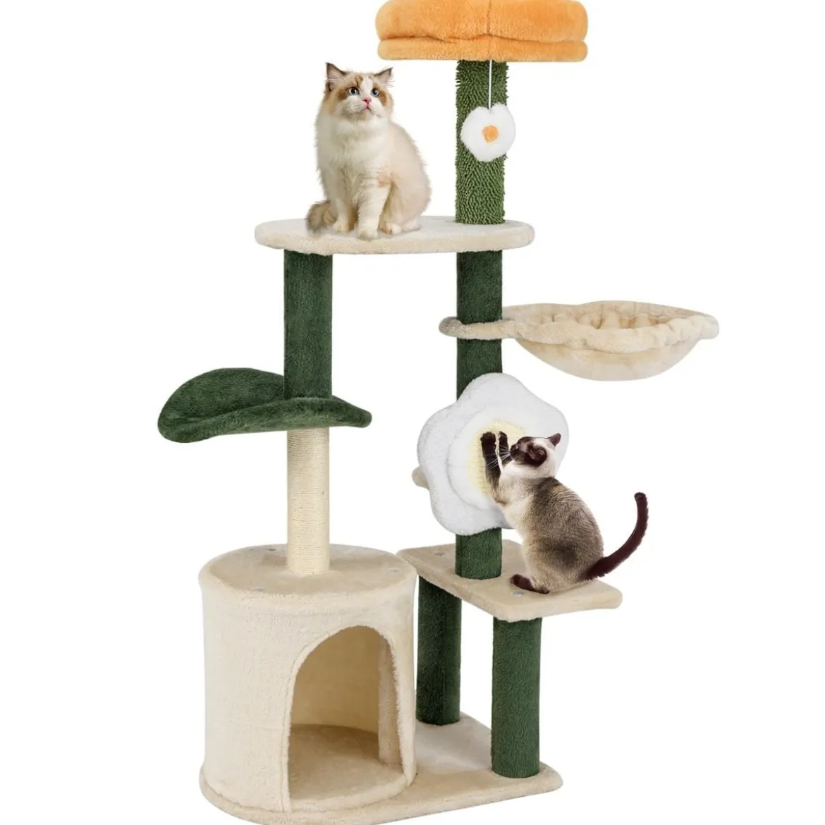 Kratzbaum 114 cm hoch Katzenbaum mit Katzenhöhle blumenförmiger Sitzfläche Grün+Beige