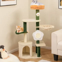 Kratzbaum 114 cm hoch Katzenbaum mit Katzenhöhle blumenförmiger Sitzfläche Grün+Beige