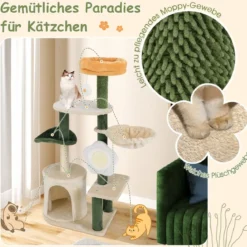 Kratzbaum 114 cm hoch Katzenbaum mit Katzenhöhle blumenförmiger Sitzfläche Grün+Beige