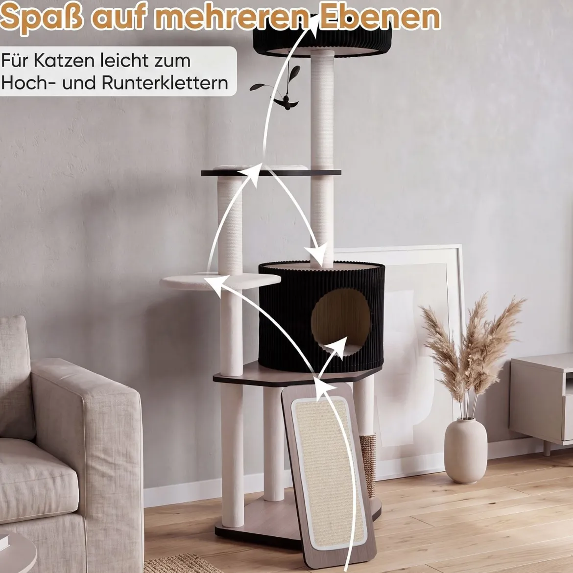 Kratzbaum 155 cm Hoch Vielseitiger Katzenbaum mit Kratzsäulen Weich Gepolsterter Höhle & 3 Plattformen