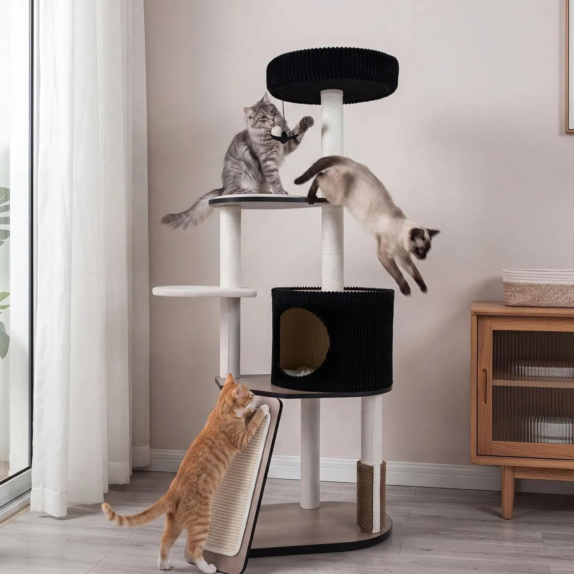 Kratzbaum 155 cm Hoch Vielseitiger Katzenbaum mit Kratzsäulen Weich Gepolsterter Höhle & 3 Plattformen