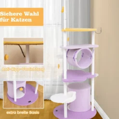 Kratzbaum 158 cm Katzenbaum mit Katzenhöhle Tunnel Hängespielzeug & großer mondförmiger Liegefläche Lila+Weiß
