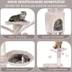 Kratzbaum 140 cm Katzenbaum mit Plattformen Katzenkratzbaum Katzen Katzenmöbel Kletterbaum Aktivitätsbaum Beige