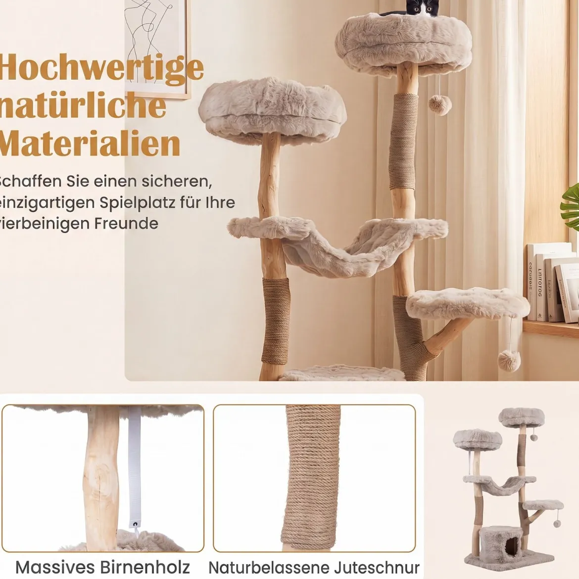 Kratzbaum 147 cm Katzenkratzbaum mit Höhle Hängematte & 3 Plattformen aus Massivholz & Plüsch
