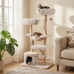 Kratzbaum 147 cm Katzenkratzbaum mit Höhle Hängematte & 3 Plattformen aus Massivholz & Plüsch