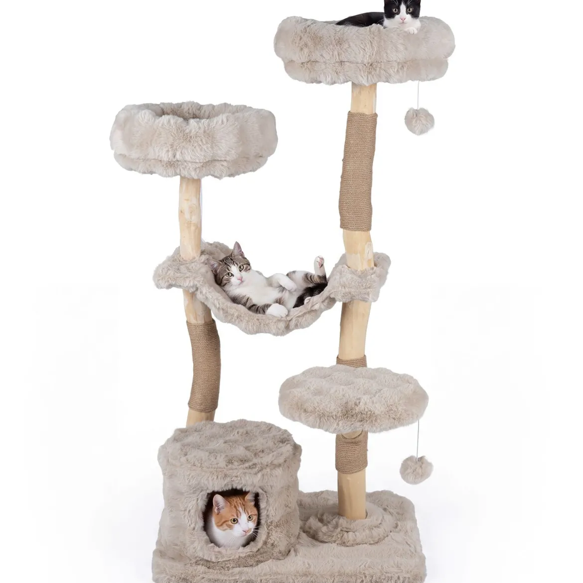 Kratzbaum 147 cm Katzenkratzbaum mit Höhle Hängematte & 3 Plattformen aus Massivholz & Plüsch