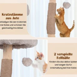 Kratzbaum 147 cm Katzenkratzbaum mit Höhle Hängematte & 3 Plattformen aus Massivholz & Plüsch