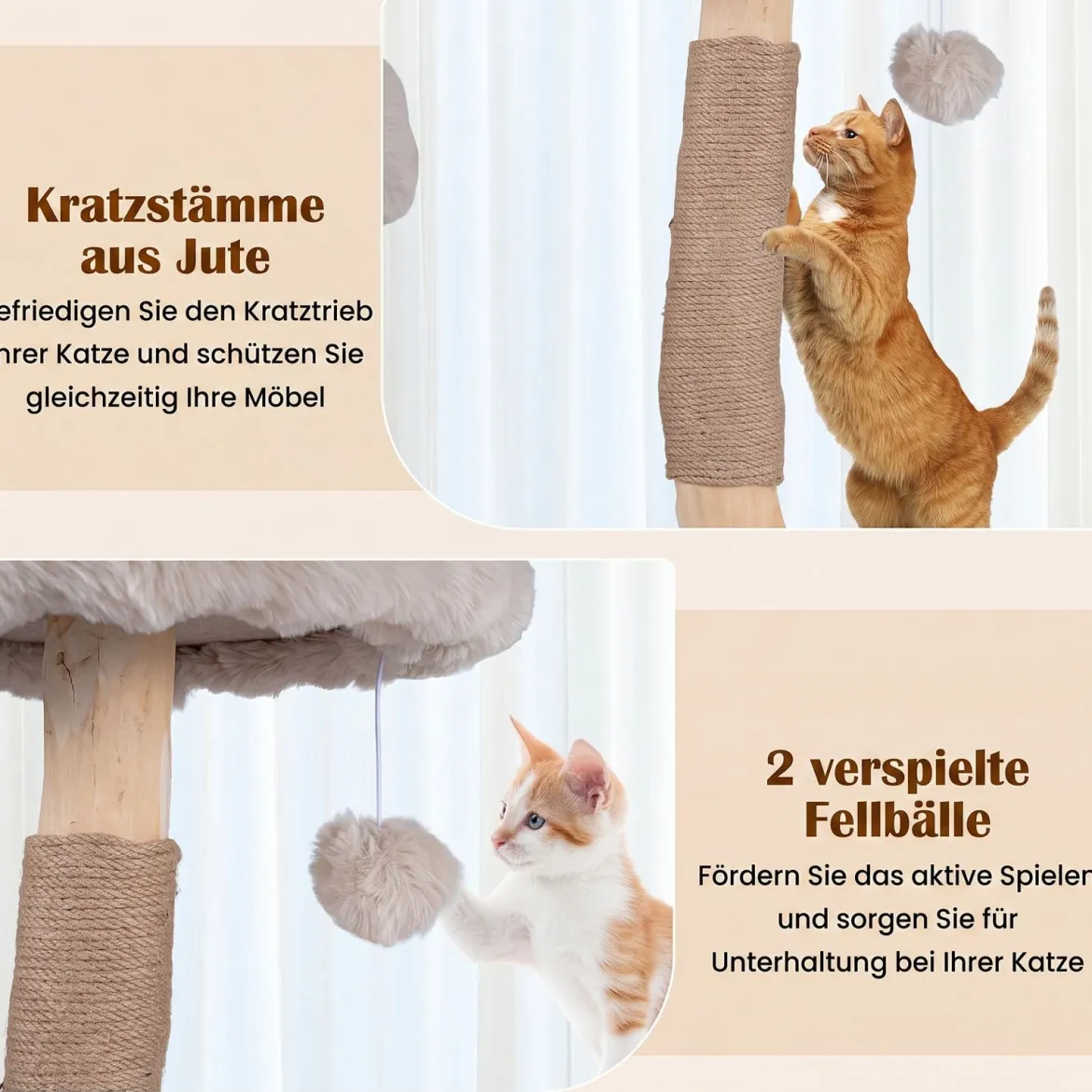 Kratzbaum 147 cm Katzenkratzbaum mit Höhle Hängematte & 3 Plattformen aus Massivholz & Plüsch