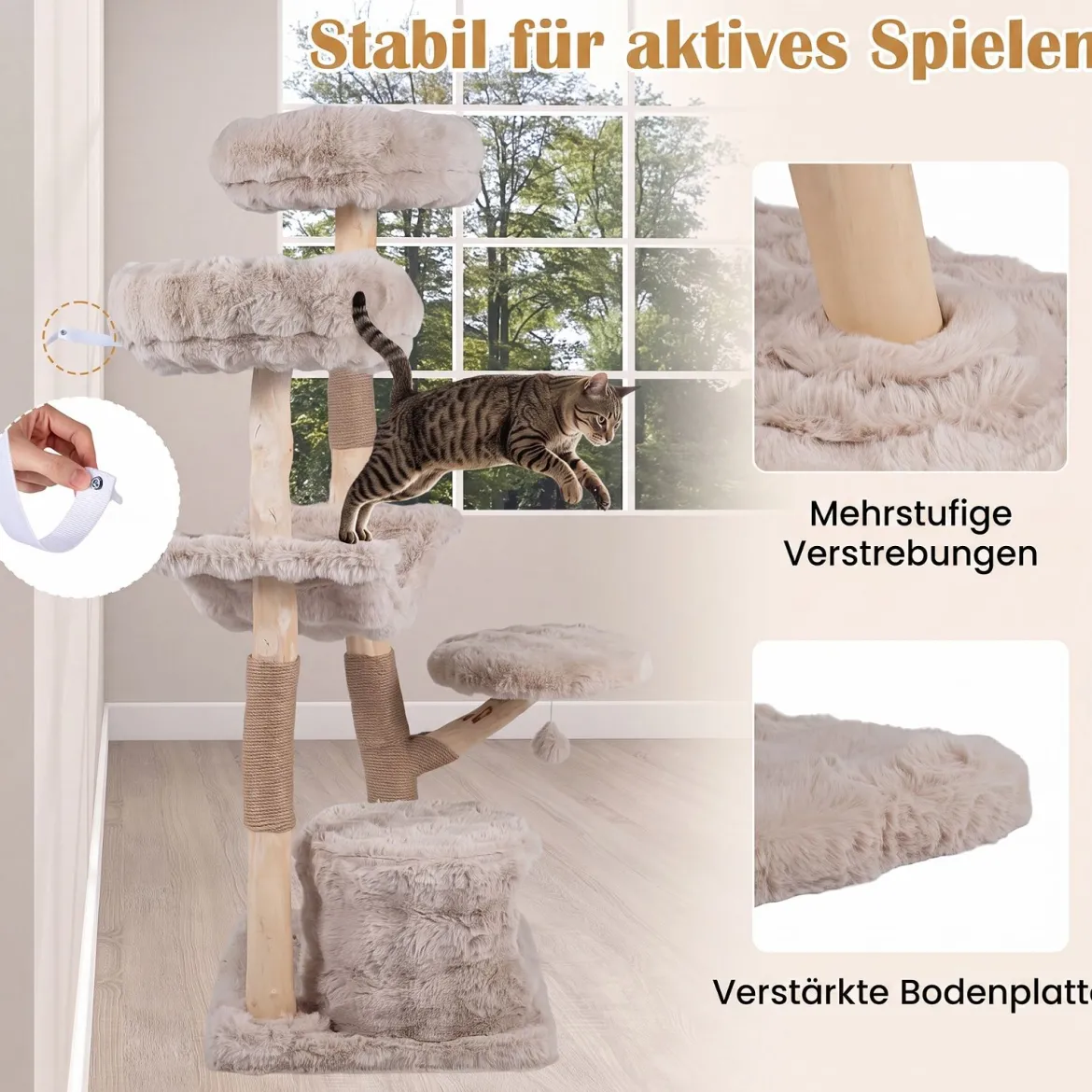 Kratzbaum 147 cm Katzenkratzbaum mit Höhle Hängematte & 3 Plattformen aus Massivholz & Plüsch