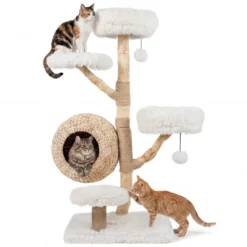 Kratzbaum 134 cm 5-stöckig Katzenbaum mit Höhle Hängeball Gepolsterte Plattformen & Kratzsäulen Weiß