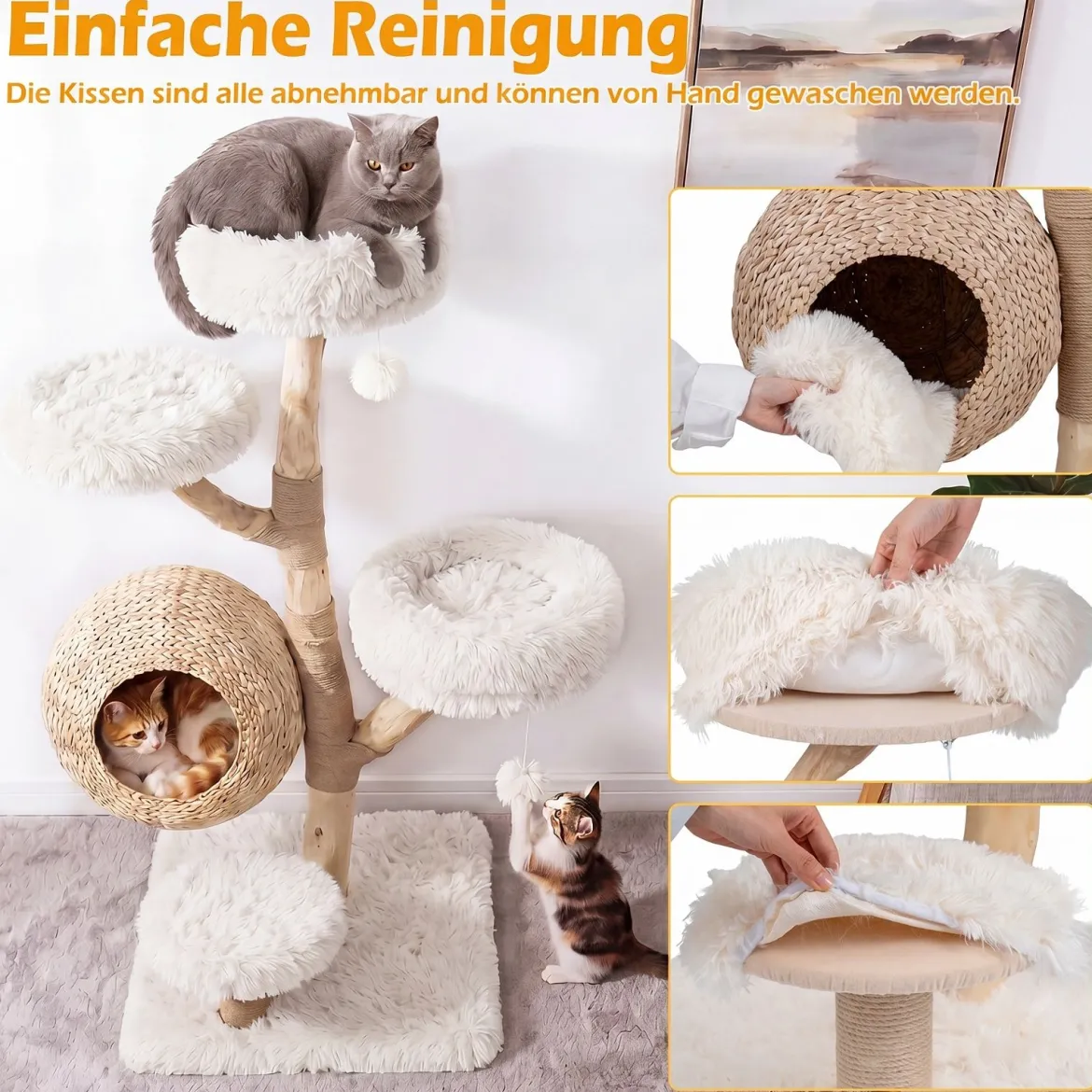 Kratzbaum 134 cm 5-stöckig Katzenbaum mit Höhle Hängeball Gepolsterte Plattformen & Kratzsäulen Weiß