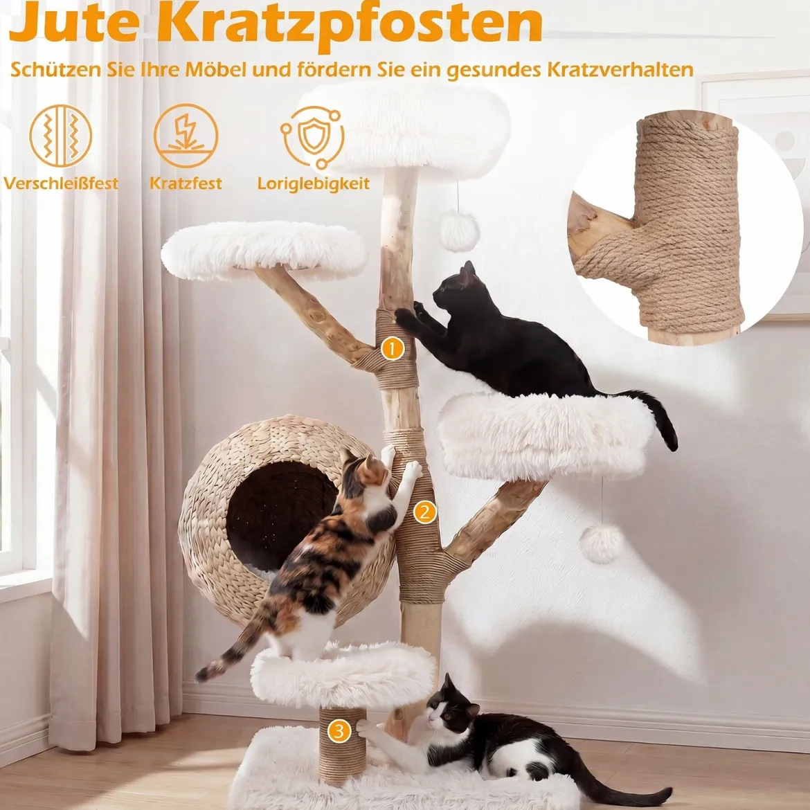 Kratzbaum 134 cm 5-stöckig Katzenbaum mit Höhle Hängeball Gepolsterte Plattformen & Kratzsäulen Weiß