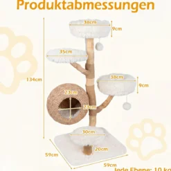 Kratzbaum 134 cm 5-stöckig Katzenbaum mit Höhle Hängeball Gepolsterte Plattformen & Kratzsäulen Weiß