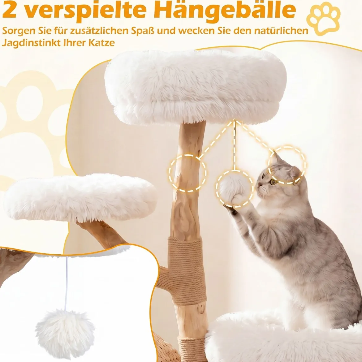 Kratzbaum 134 cm 5-stöckig Katzenbaum mit Höhle Hängeball Gepolsterte Plattformen & Kratzsäulen Weiß