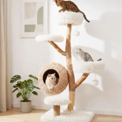 Kratzbaum 134 cm 5-stöckig Katzenbaum mit Höhle Hängeball Gepolsterte Plattformen & Kratzsäulen Weiß