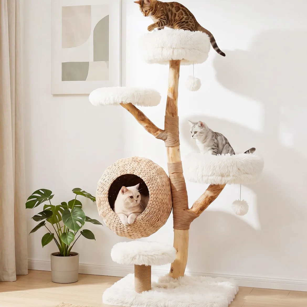 Kratzbaum 134 cm 5-stöckig Katzenbaum mit Höhle Hängeball Gepolsterte Plattformen & Kratzsäulen Weiß