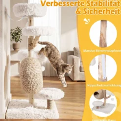 Kratzbaum 134 cm 5-stöckig Katzenbaum mit Höhle Hängeball Gepolsterte Plattformen & Kratzsäulen Weiß