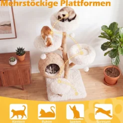 Kratzbaum 134 cm 5-stöckig Katzenbaum mit Höhle Hängeball Gepolsterte Plattformen & Kratzsäulen Weiß
