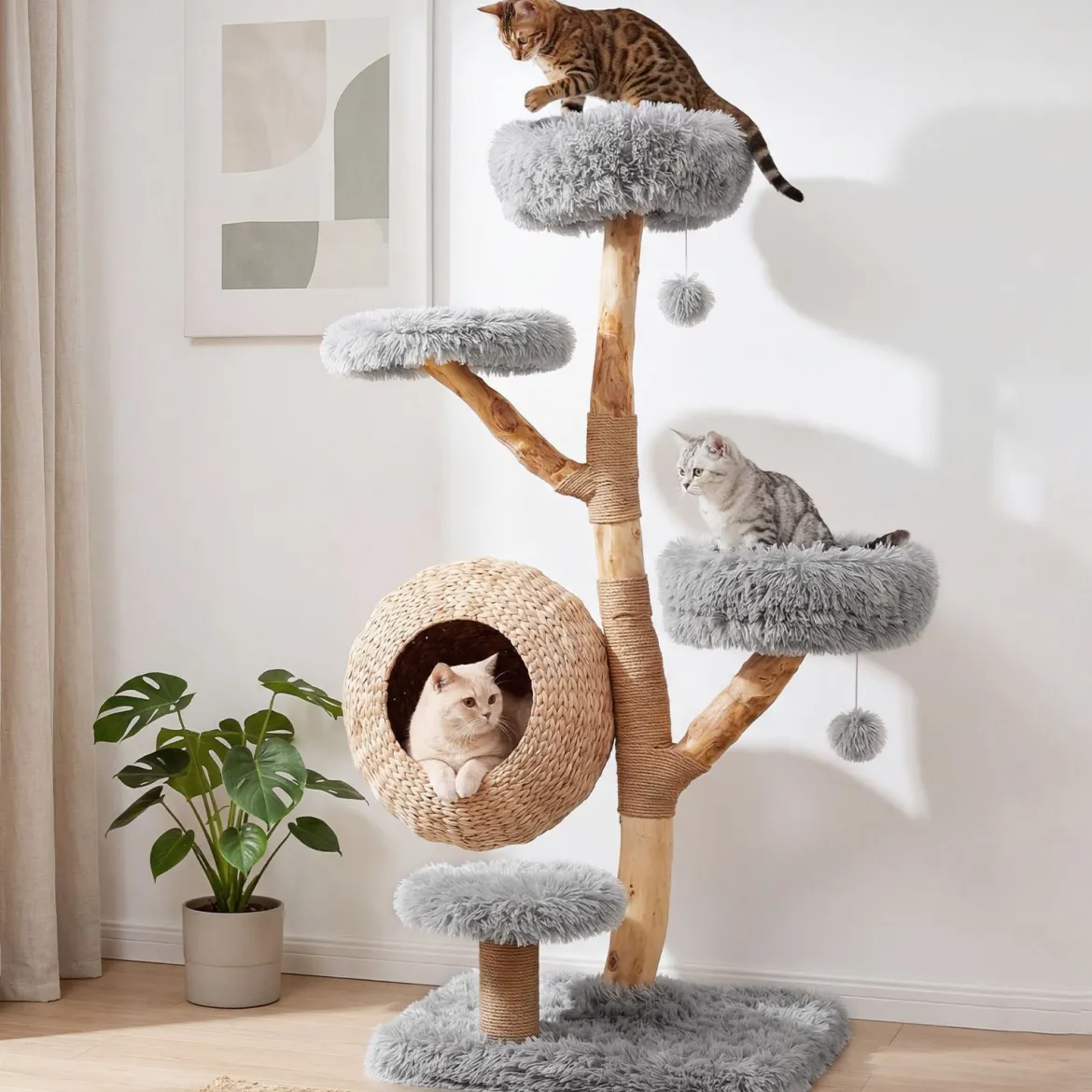 Kratzbaum 134 cm 5-stöckig Katzenbaum mit Höhle Hängeball Gepolsterte Plattformen & Kratzsäulen Grau
