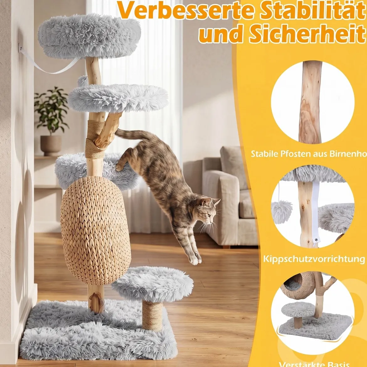 Kratzbaum 134 cm 5-stöckig Katzenbaum mit Höhle Hängeball Gepolsterte Plattformen & Kratzsäulen Grau