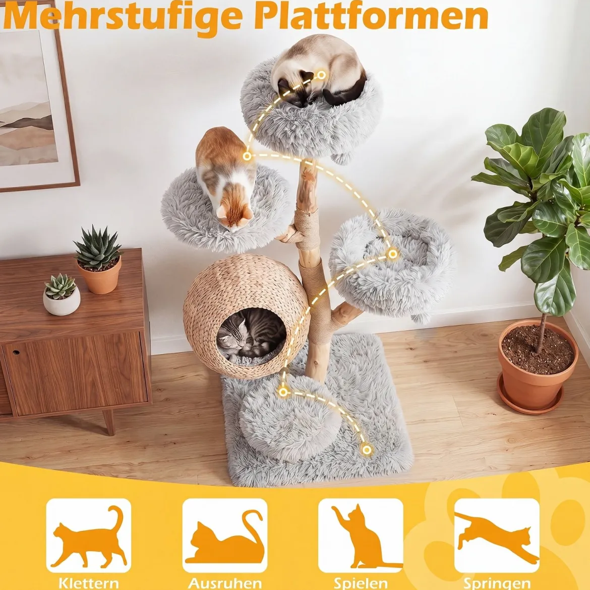 Kratzbaum 134 cm 5-stöckig Katzenbaum mit Höhle Hängeball Gepolsterte Plattformen & Kratzsäulen Grau