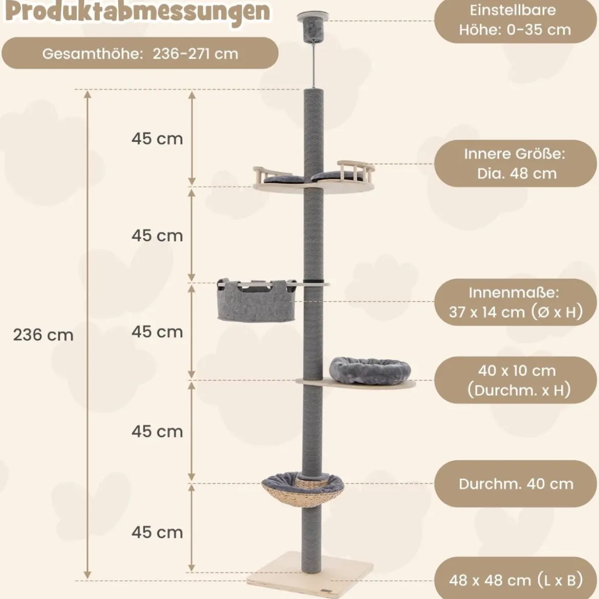 Kratzbaum deckenhoch 236-271 cm von Boden bis Decke Katzenmöbel Holz Grau