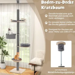 Kratzbaum deckenhoch 236-271 cm von Boden bis Decke Katzenmöbel Holz Grau