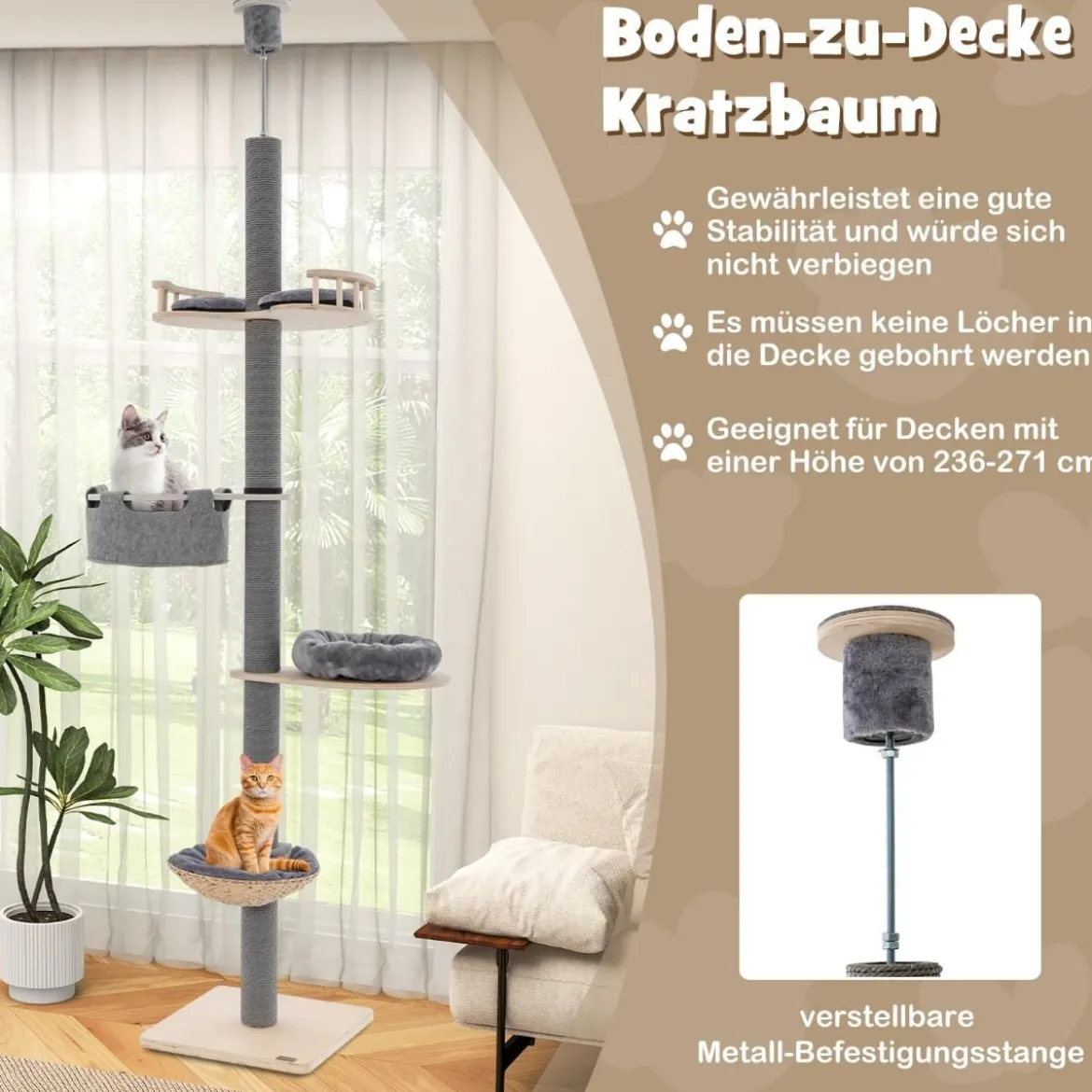 Kratzbaum deckenhoch 236-271 cm von Boden bis Decke Katzenmöbel Holz Grau