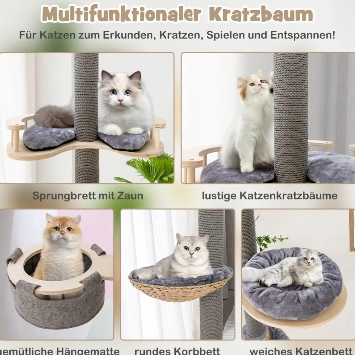 Kratzbaum deckenhoch 236-271 cm von Boden bis Decke Katzenmöbel Holz Grau