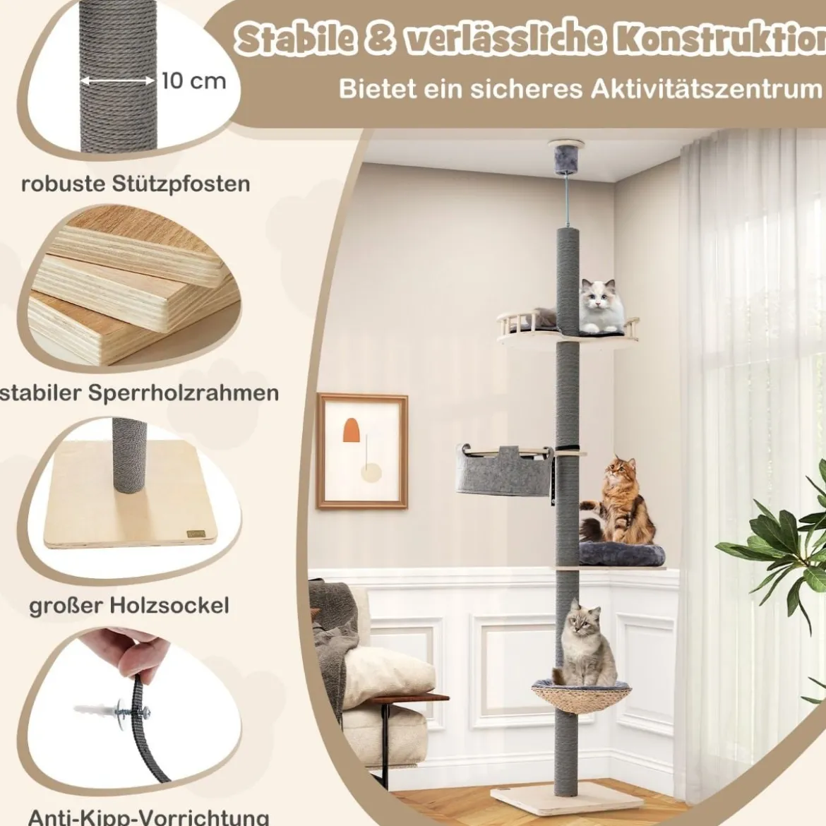 Kratzbaum deckenhoch 236-271 cm von Boden bis Decke Katzenmöbel Holz Grau