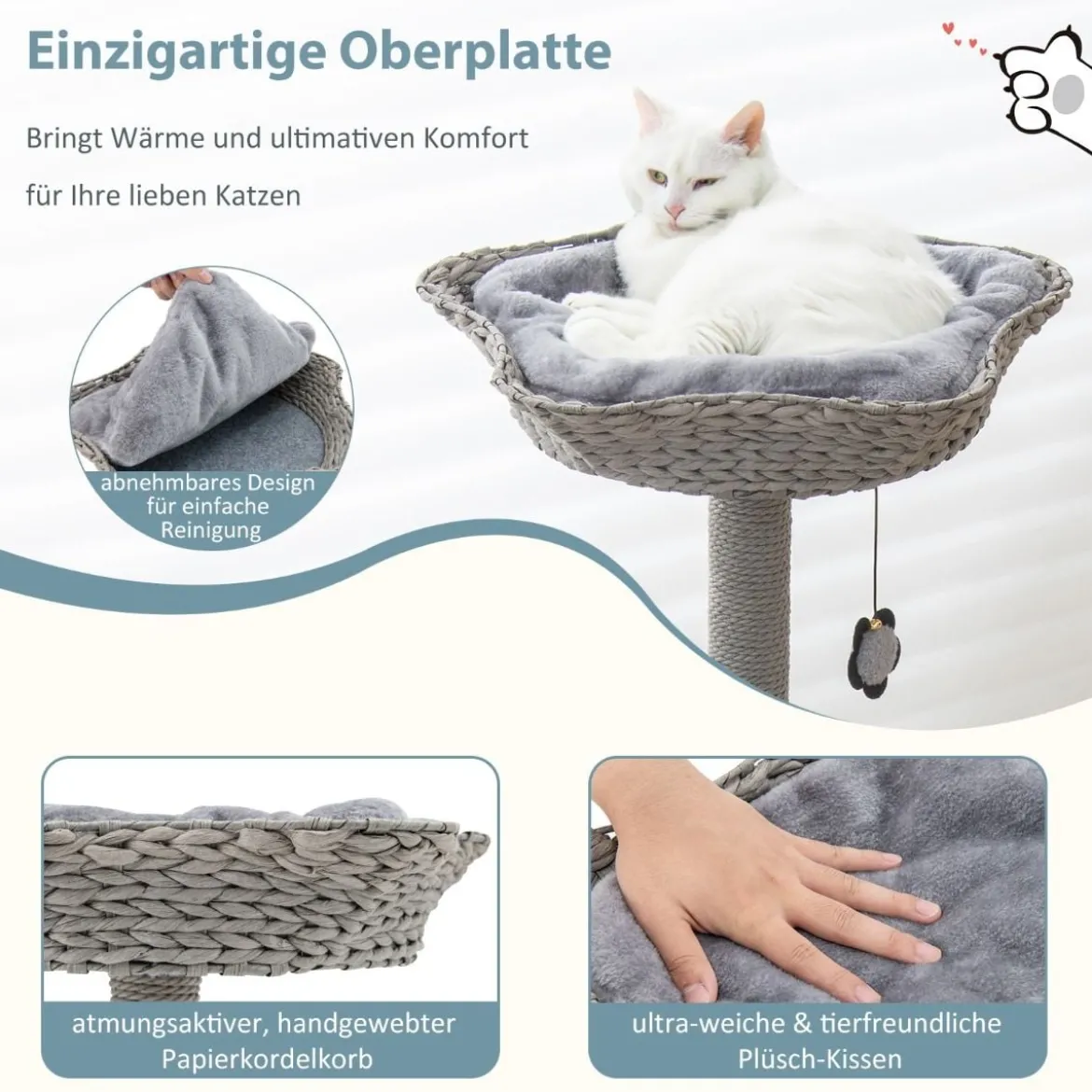 Kratzbaum für drinnen mit gebogenem Metallrahmen 3-Ebenen Katzenaktivitätszentrum Grau