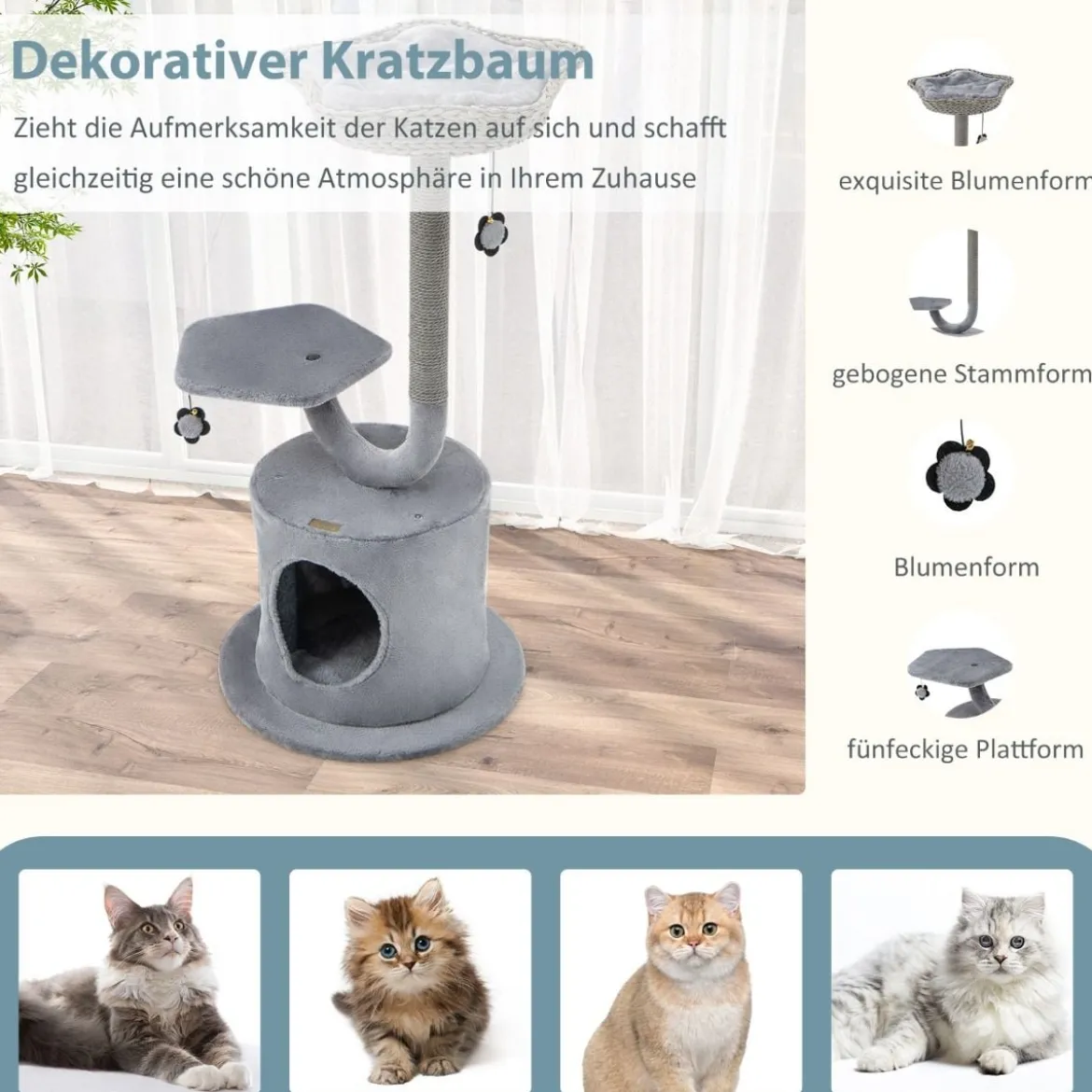 Kratzbaum für drinnen mit gebogenem Metallrahmen 3-Ebenen Katzenaktivitätszentrum Grau