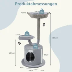Kratzbaum für drinnen mit gebogenem Metallrahmen 3-Ebenen Katzenaktivitätszentrum Grau