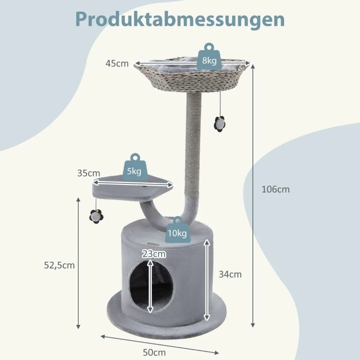 Kratzbaum für drinnen mit gebogenem Metallrahmen 3-Ebenen Katzenaktivitätszentrum Grau