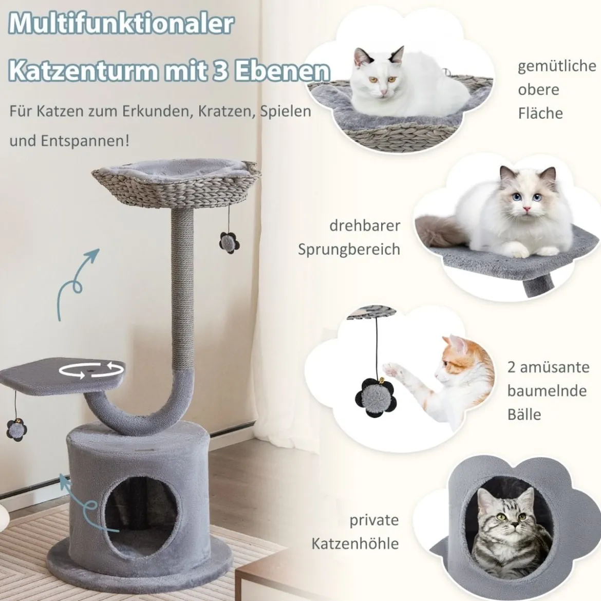 Kratzbaum für drinnen mit gebogenem Metallrahmen 3-Ebenen Katzenaktivitätszentrum Grau