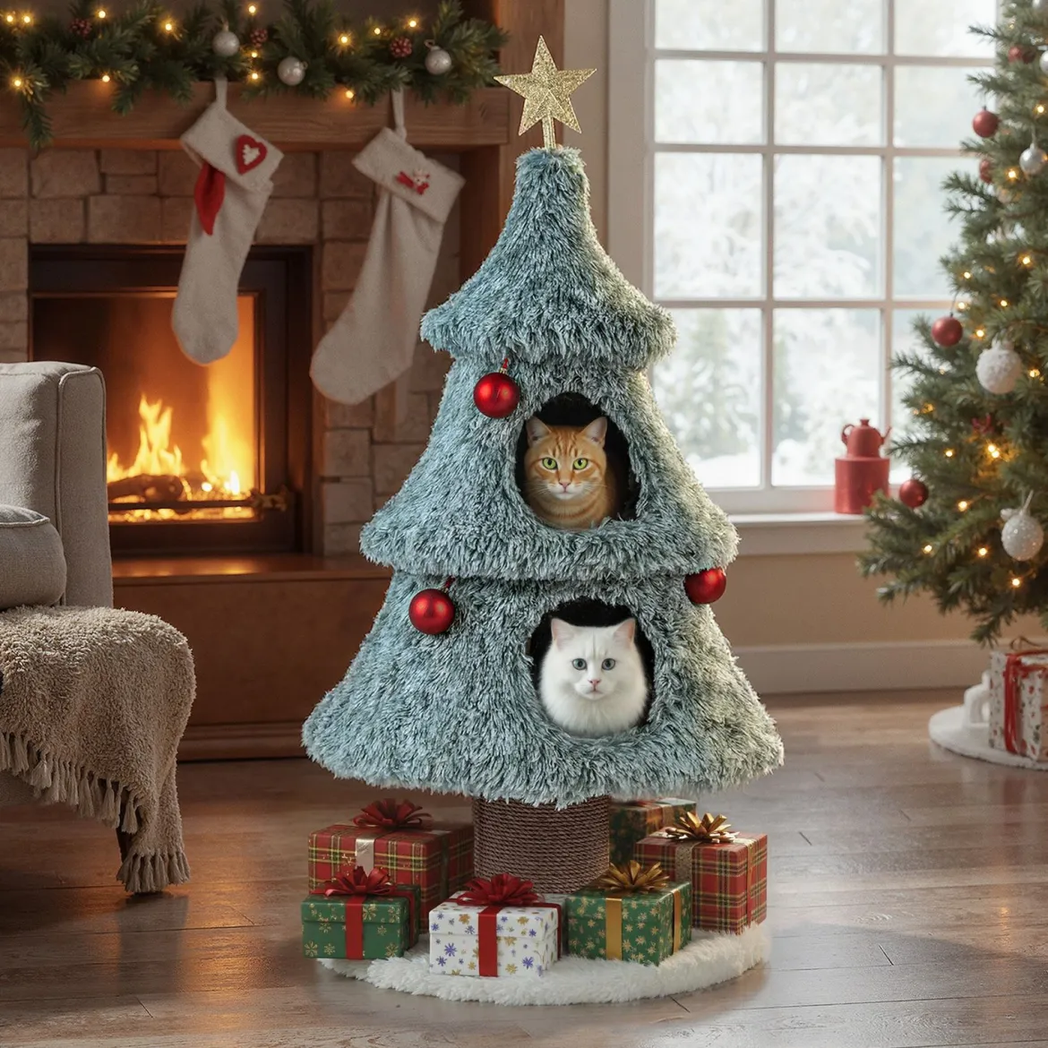 Kratzbaum für Weihnachten mit 2 Katzenhöhlen Katzenbaum Weihnachtsbaum Katzenkratzbaum