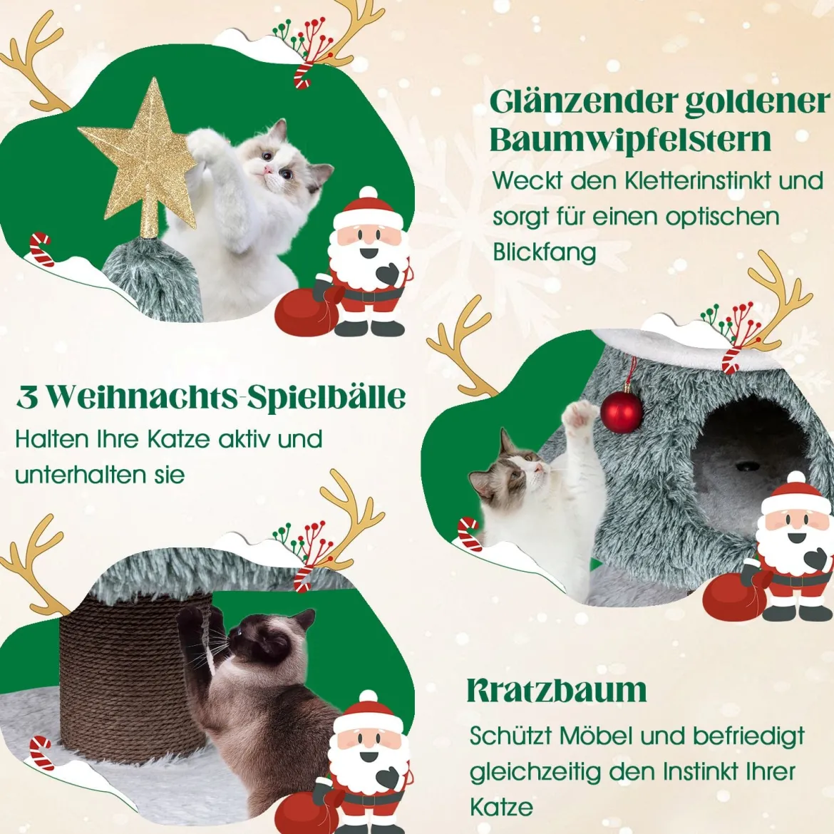 Kratzbaum für Weihnachten mit 2 Katzenhöhlen Katzenbaum Weihnachtsbaum Katzenkratzbaum