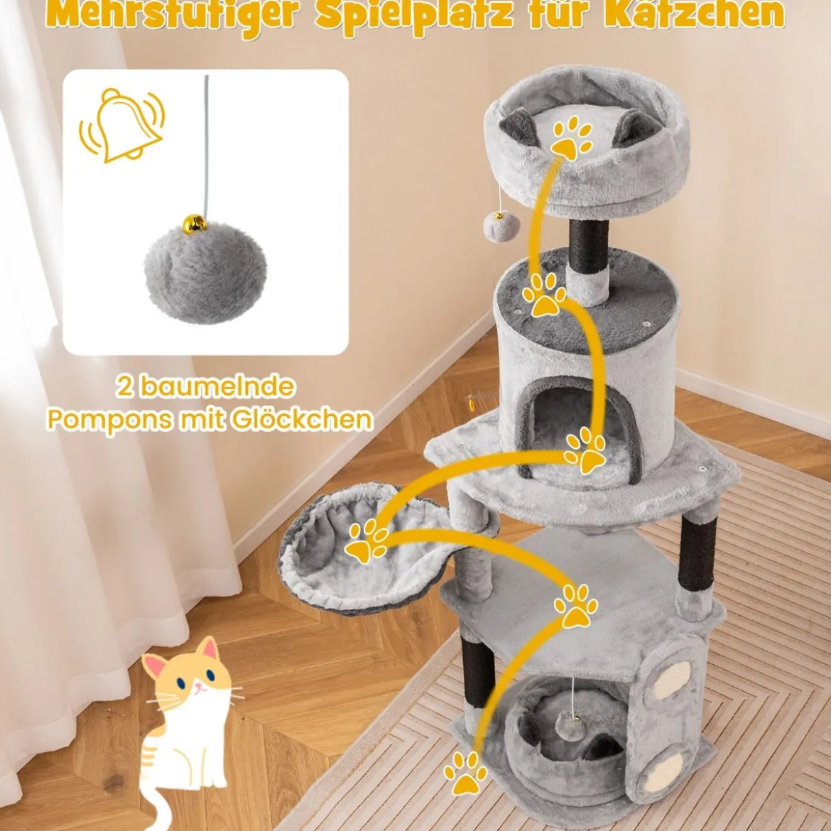 Kratzbaum groß Katzenbaum mit Hängematte Höhle Plattformen Grau 41 x 40 x 144 cm