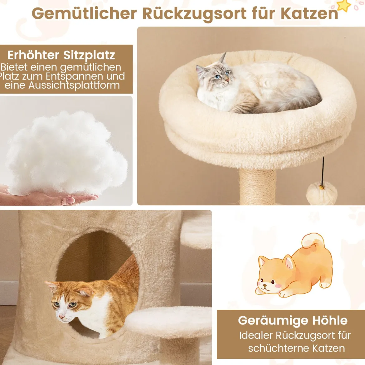 Kratzbaum holz 102cm mehrstufiger Katzenturm mit Höhle gepolstertem Aussichtsplatz Sisal-Kratzpfosten Beige