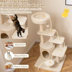 Kratzbaum holz 102cm mehrstufiger Katzenturm mit Höhle gepolstertem Aussichtsplatz Sisal-Kratzpfosten Beige