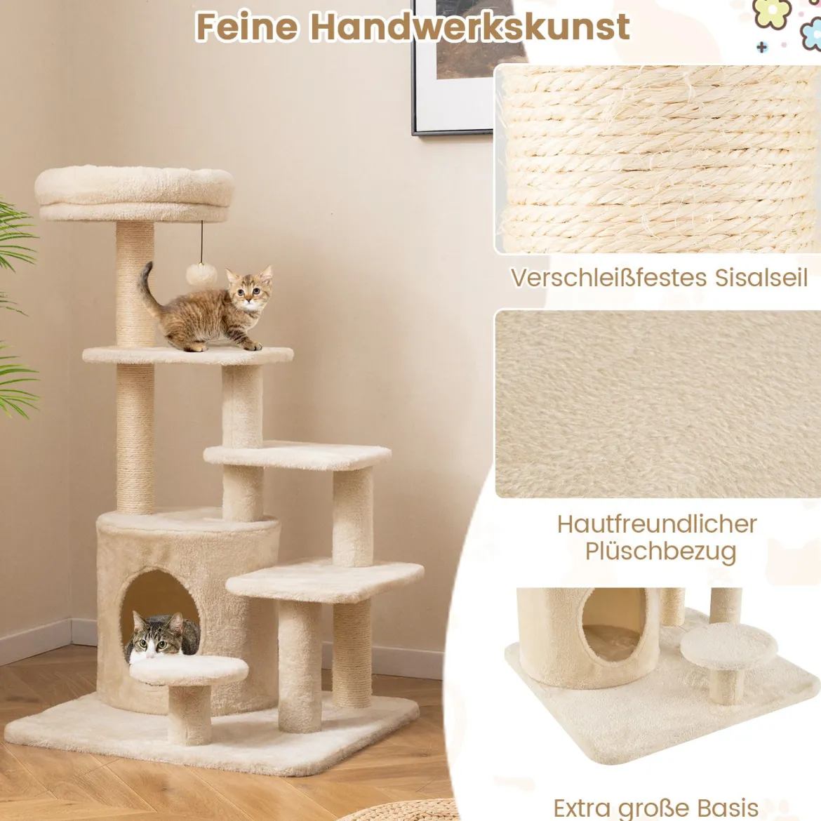 Kratzbaum holz 102cm mehrstufiger Katzenturm mit Höhle gepolstertem Aussichtsplatz Sisal-Kratzpfosten Beige