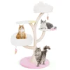 Kratzbaum Holz süßer Katzenbaum mit 2 Liegeflächen & 2 Plattformen & Spielball & Sisalstämmen Weiß+Rosa