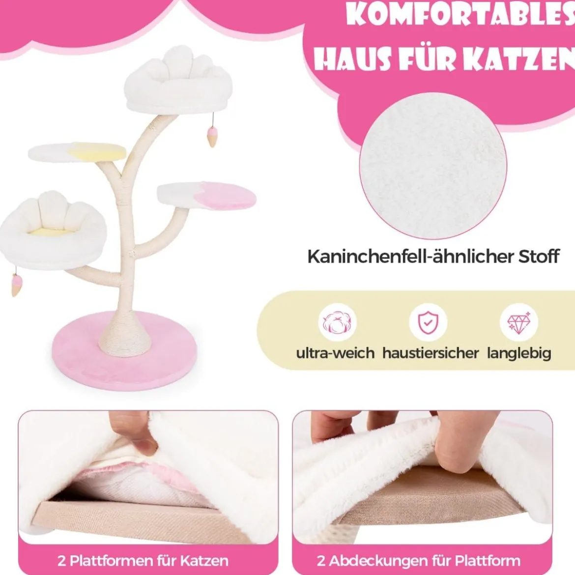 Kratzbaum Holz süßer Katzenbaum mit 2 Liegeflächen & 2 Plattformen & Spielball & Sisalstämmen Weiß+Rosa