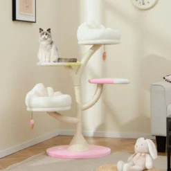 Kratzbaum Holz süßer Katzenbaum mit 2 Liegeflächen & 2 Plattformen & Spielball & Sisalstämmen Weiß+Rosa