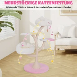 Kratzbaum Holz süßer Katzenbaum mit 2 Liegeflächen & 2 Plattformen & Spielball & Sisalstämmen Weiß+Rosa