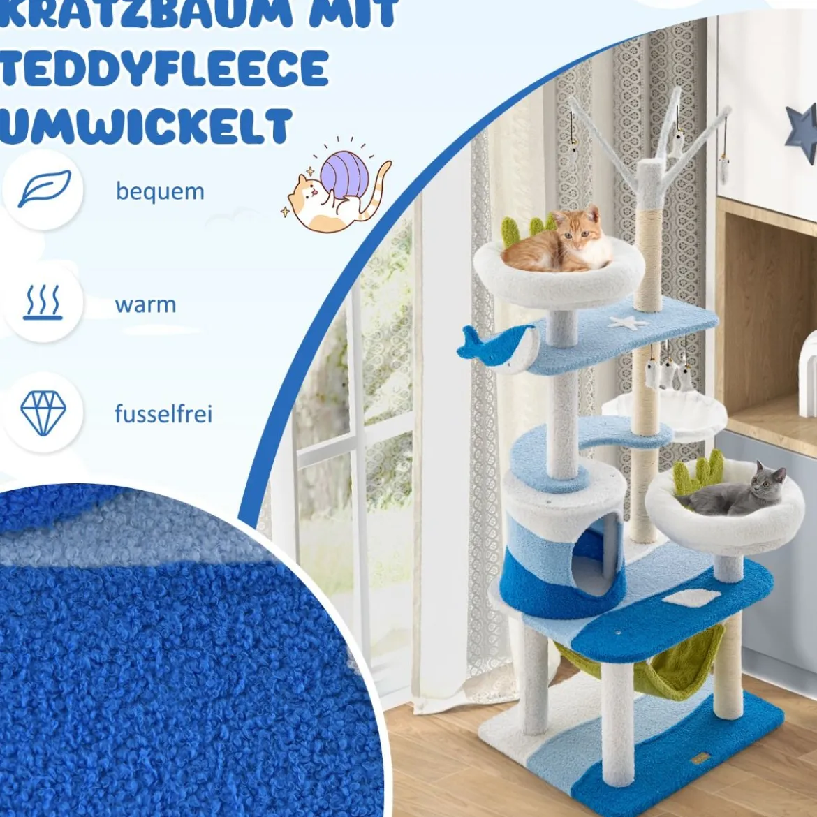 Kratzbaum im Meeresmotiv mit Sisalpfosten & Katzenhöhle & Sitzflächen & Hängematte Blau