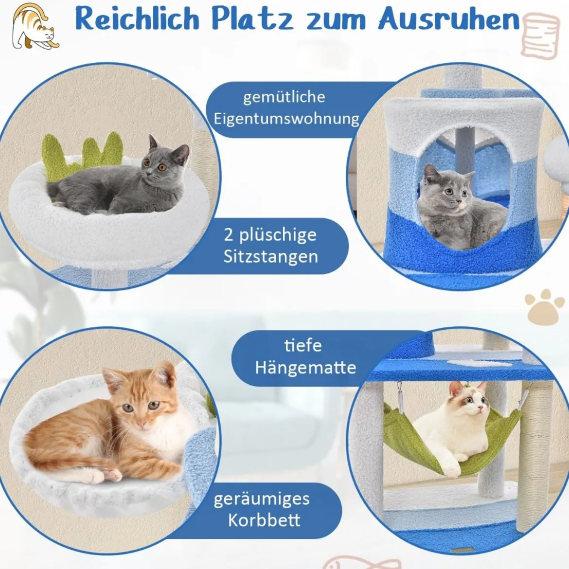 Kratzbaum im Meeresmotiv mit Sisalpfosten & Katzenhöhle & Sitzflächen & Hängematte Blau