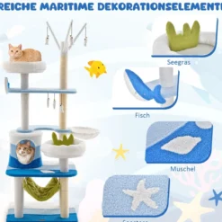 Kratzbaum im Meeresmotiv mit Sisalpfosten & Katzenhöhle & Sitzflächen & Hängematte Blau